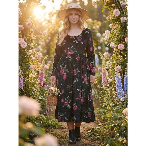 VTG 90s Jamie Brooke Dark Floral Crushed Velvet Midi Dress Sz 16 Whimsigoth Y2K - Picture 3 of 8